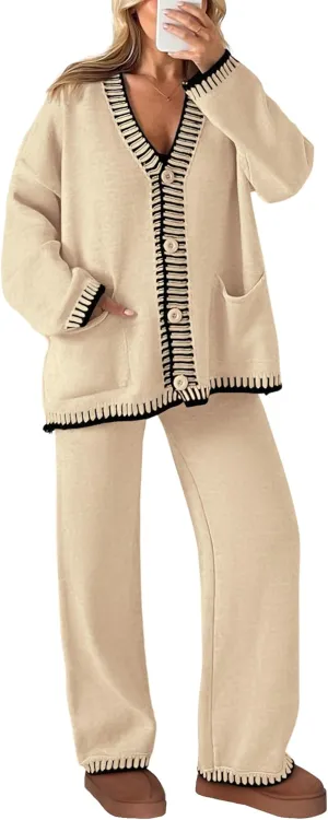PRETTYGARDEN Women's 2 Piece Outfits Knit Matching Lounge Sets Long Sleeve V Neck Cardigan Sweaters Wide Leg Pants Tracksuits