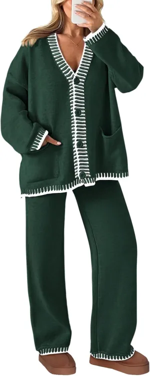 PRETTYGARDEN Women's 2 Piece Outfits Knit Matching Lounge Sets Long Sleeve V Neck Cardigan Sweaters Wide Leg Pants Tracksuits