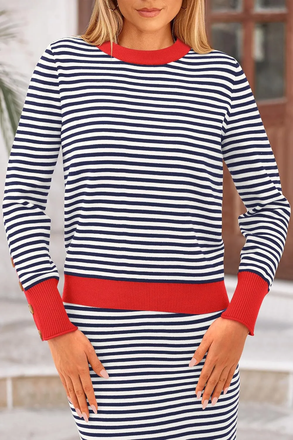 PRETTYGARDEN Women's 2 Piece Sets Lounge Striped Sweater Fall Casual Long Sleeve Knit Midi Skirts Matching Travel Outfits
