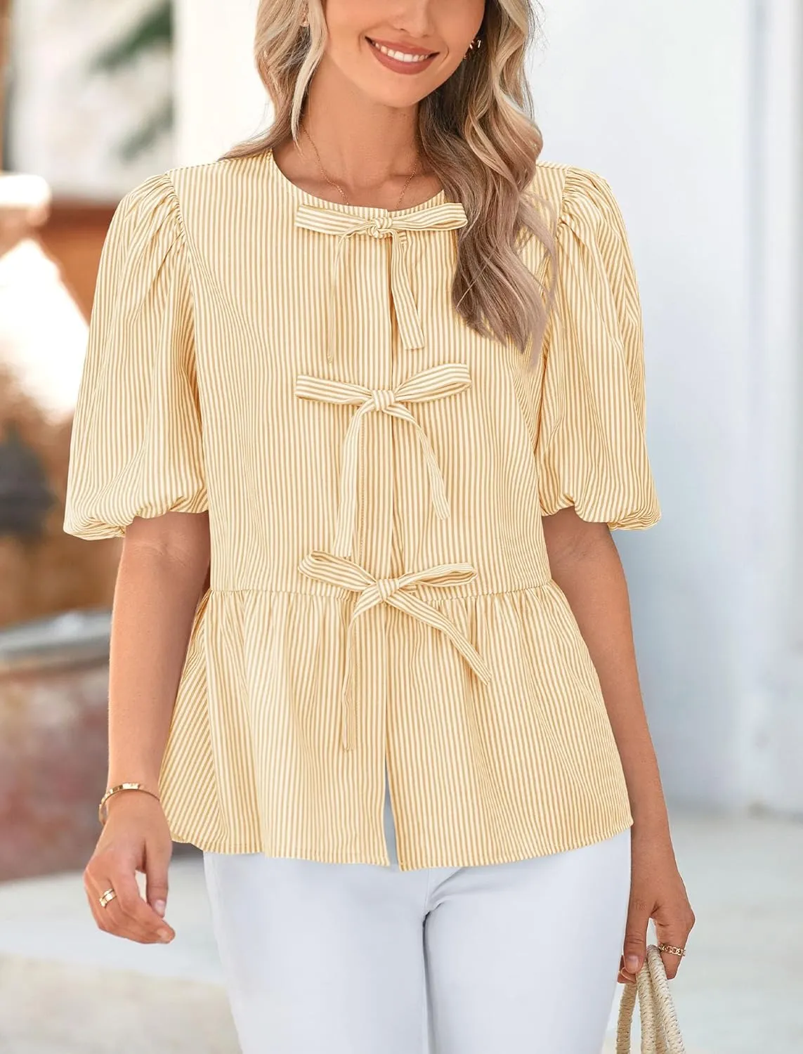 PRETTYGARDEN Women's Summer Tie Front Striped Shirt 2025 Trendy Cute Babydoll Tops Fashion Peplum Puffy Sleeve Blouse