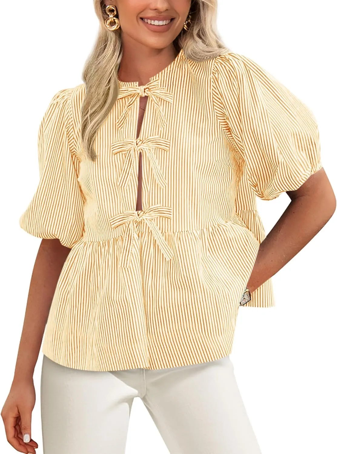 PRETTYGARDEN Women's Summer Tie Front Striped Shirt 2025 Trendy Cute Babydoll Tops Fashion Peplum Puffy Sleeve Blouse