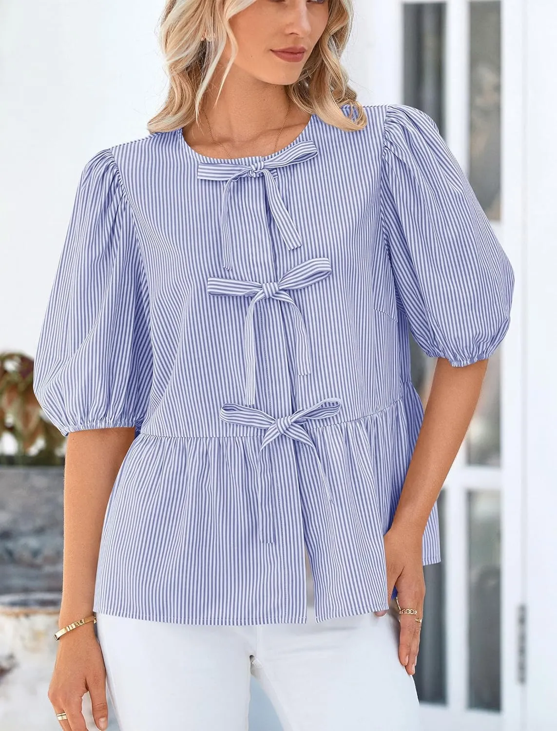 PRETTYGARDEN Women's Summer Tie Front Striped Shirt 2025 Trendy Cute Babydoll Tops Fashion Peplum Puffy Sleeve Blouse
