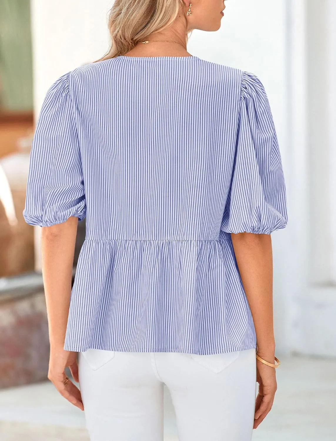 PRETTYGARDEN Women's Summer Tie Front Striped Shirt 2025 Trendy Cute Babydoll Tops Fashion Peplum Puffy Sleeve Blouse