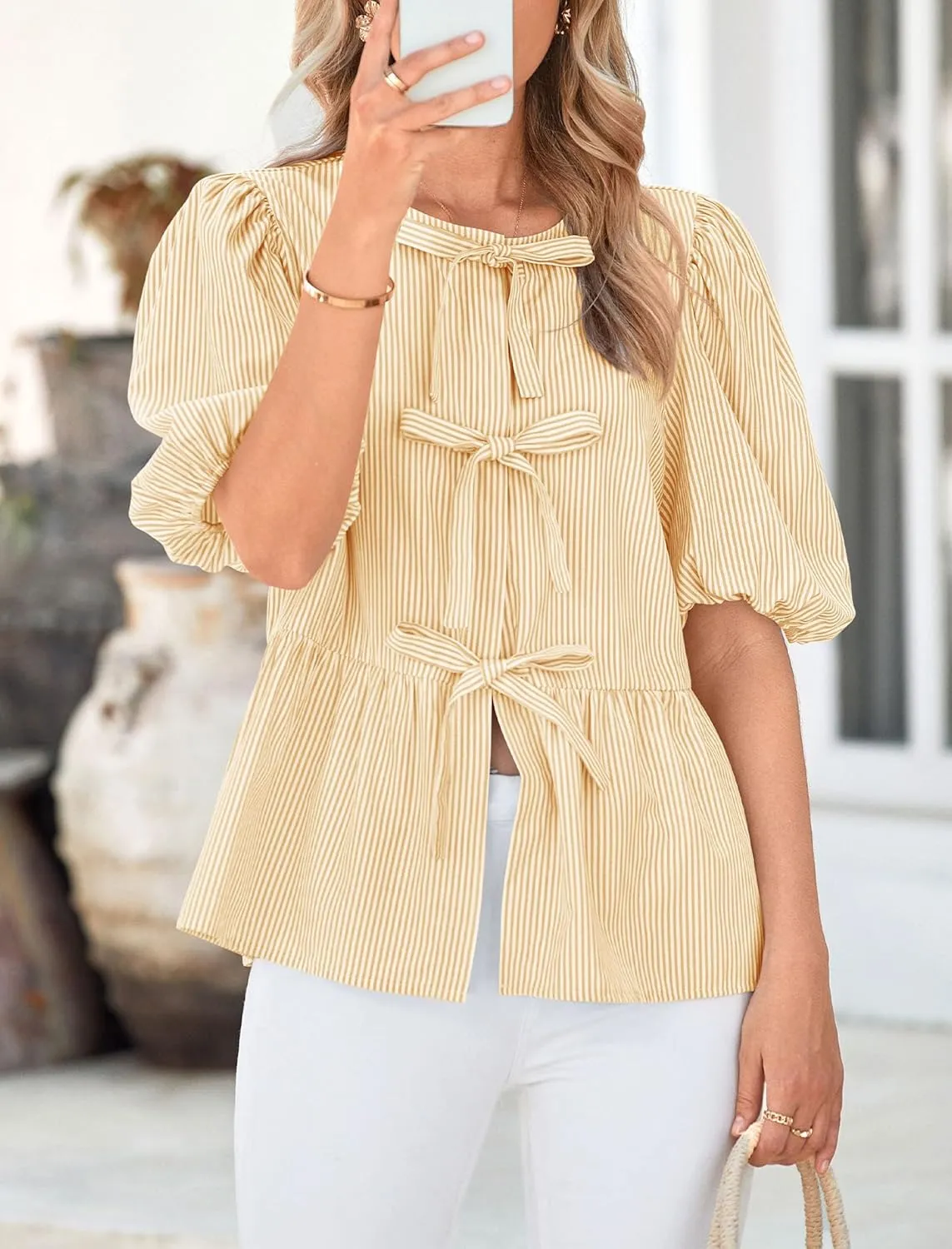 PRETTYGARDEN Women's Summer Tie Front Striped Shirt 2025 Trendy Cute Babydoll Tops Fashion Peplum Puffy Sleeve Blouse