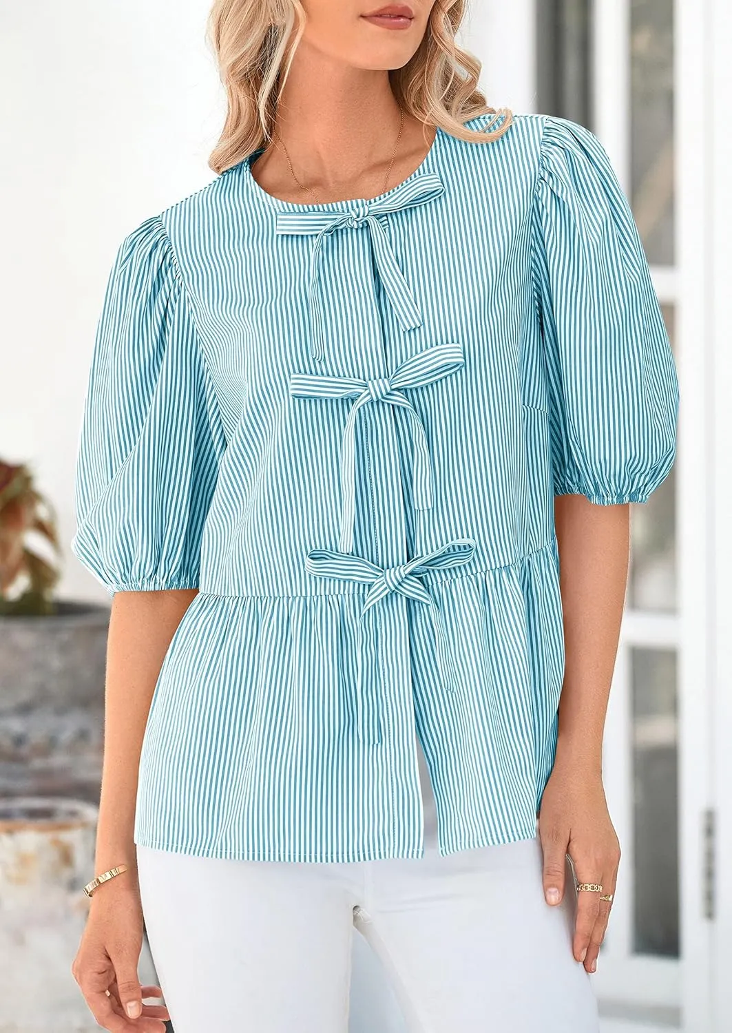 PRETTYGARDEN Women's Summer Tie Front Striped Shirt 2025 Trendy Cute Babydoll Tops Fashion Peplum Puffy Sleeve Blouse