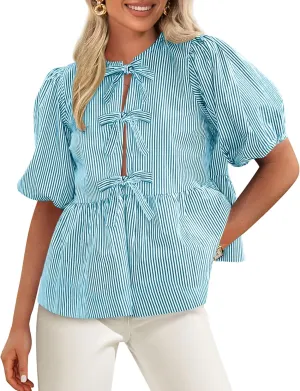 PRETTYGARDEN Women's Summer Tie Front Striped Shirt 2025 Trendy Cute Babydoll Tops Fashion Peplum Puffy Sleeve Blouse