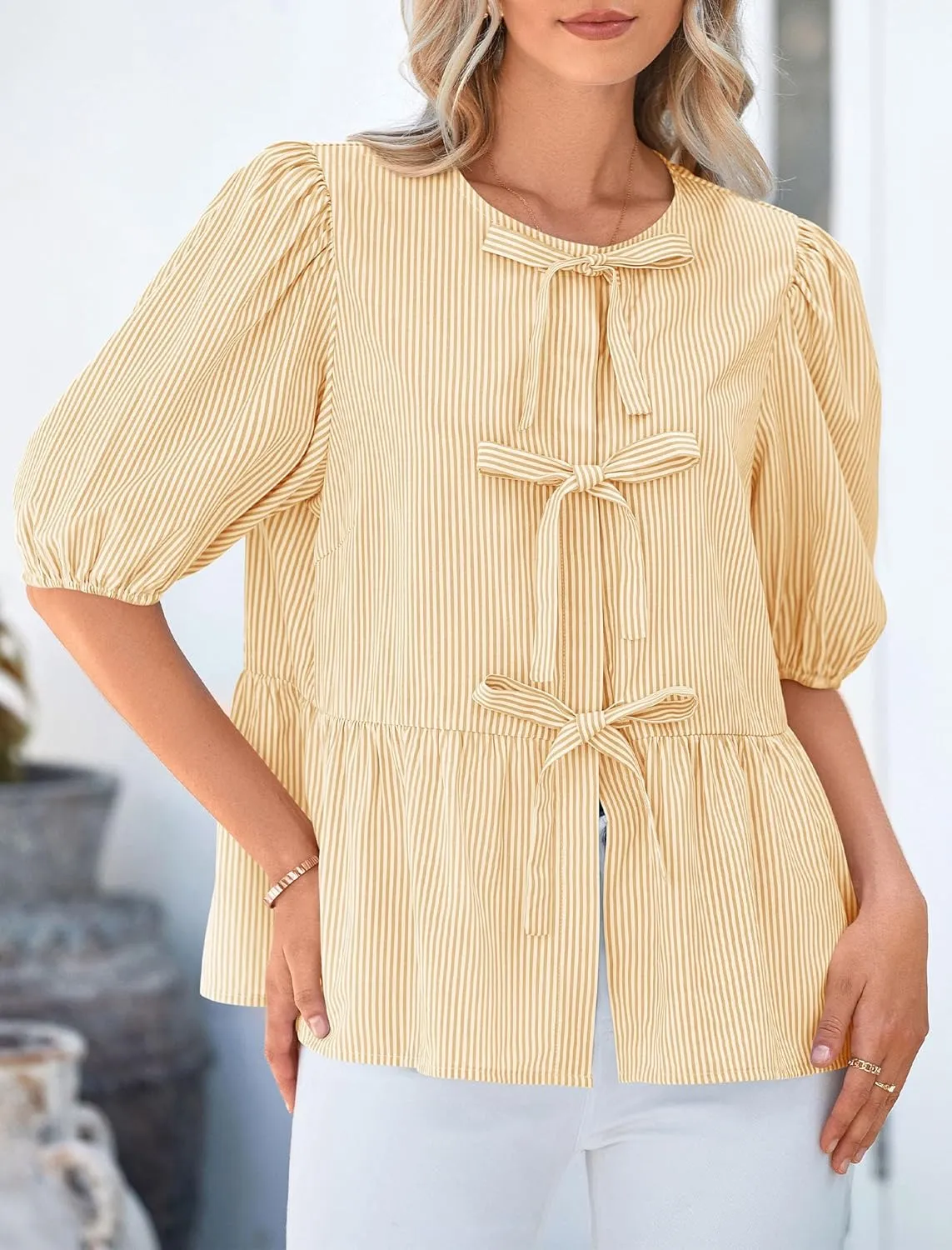 PRETTYGARDEN Women's Summer Tie Front Striped Shirt 2025 Trendy Cute Babydoll Tops Fashion Peplum Puffy Sleeve Blouse