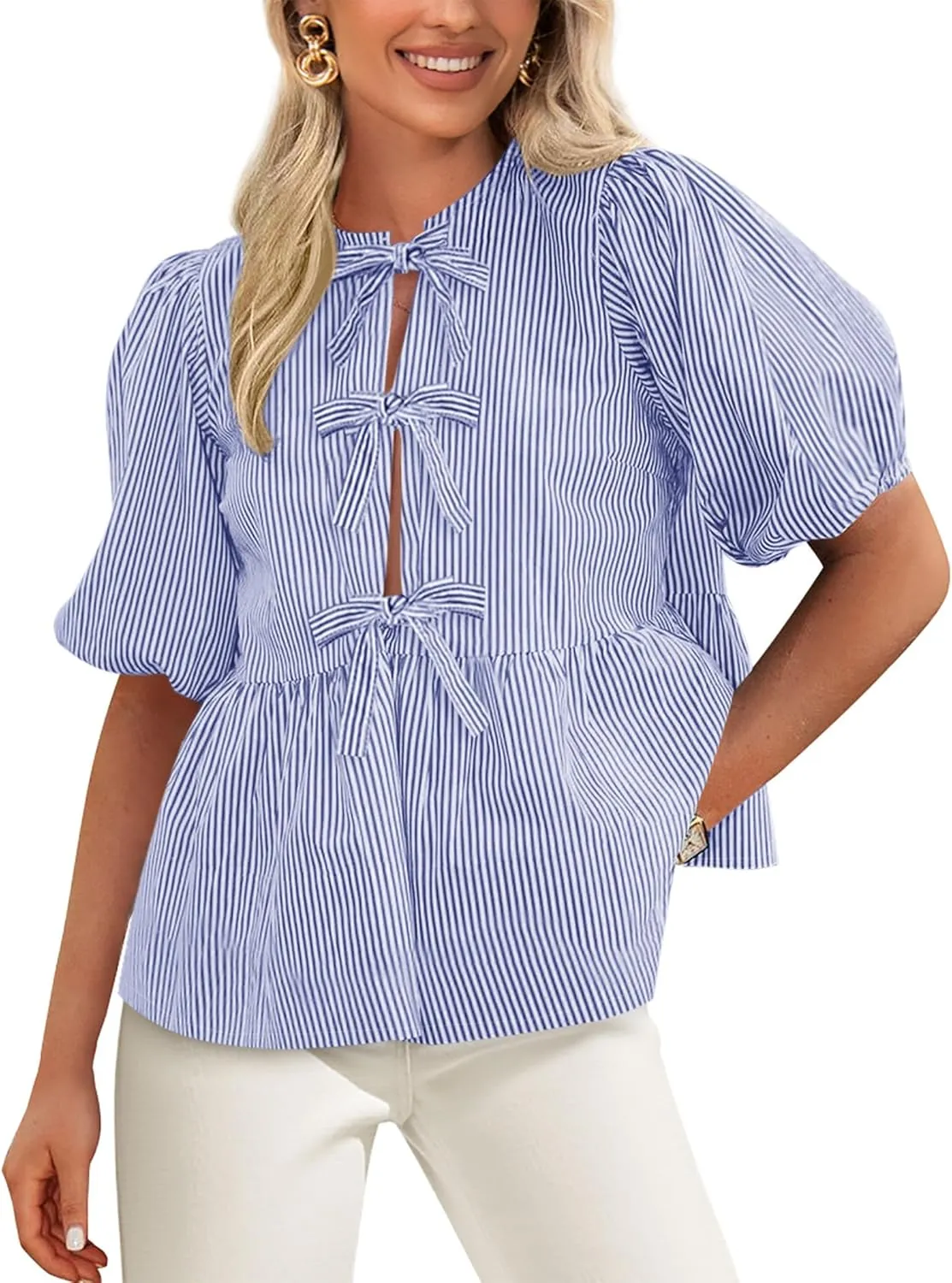 PRETTYGARDEN Women's Summer Tie Front Striped Shirt 2025 Trendy Cute Babydoll Tops Fashion Peplum Puffy Sleeve Blouse