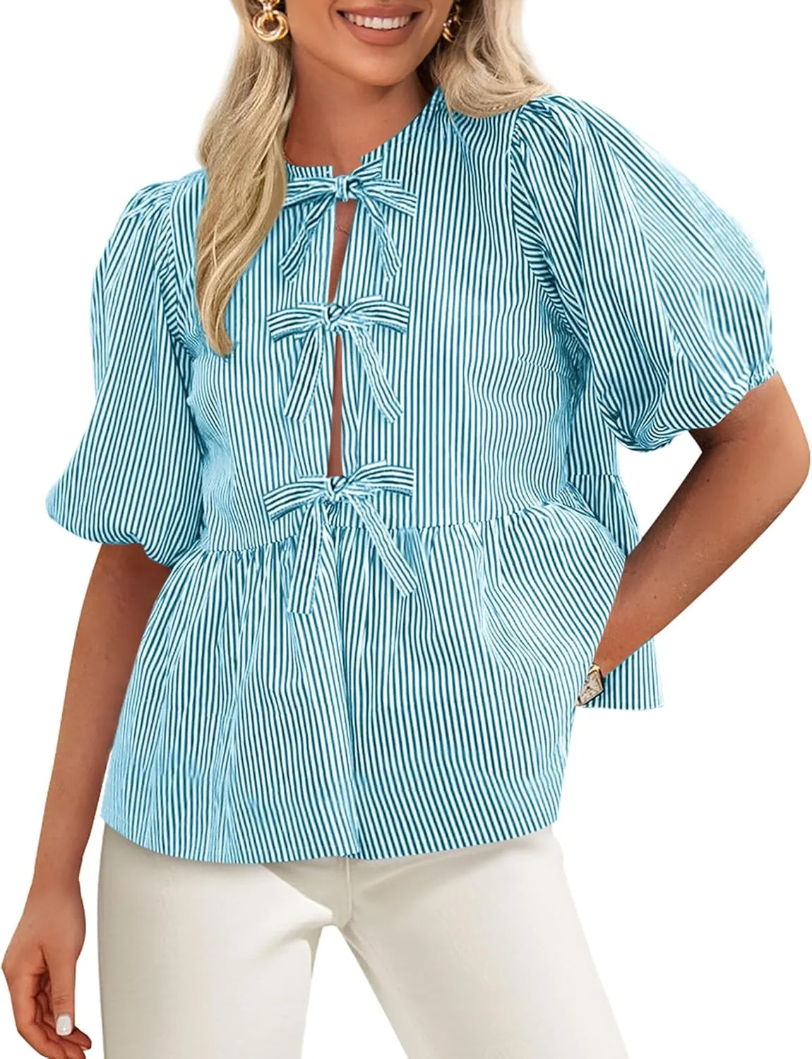 PRETTYGARDEN Women's Summer Tie Front Striped Shirt 2025 Trendy Cute Babydoll Tops Fashion Peplum Puffy Sleeve Blouse