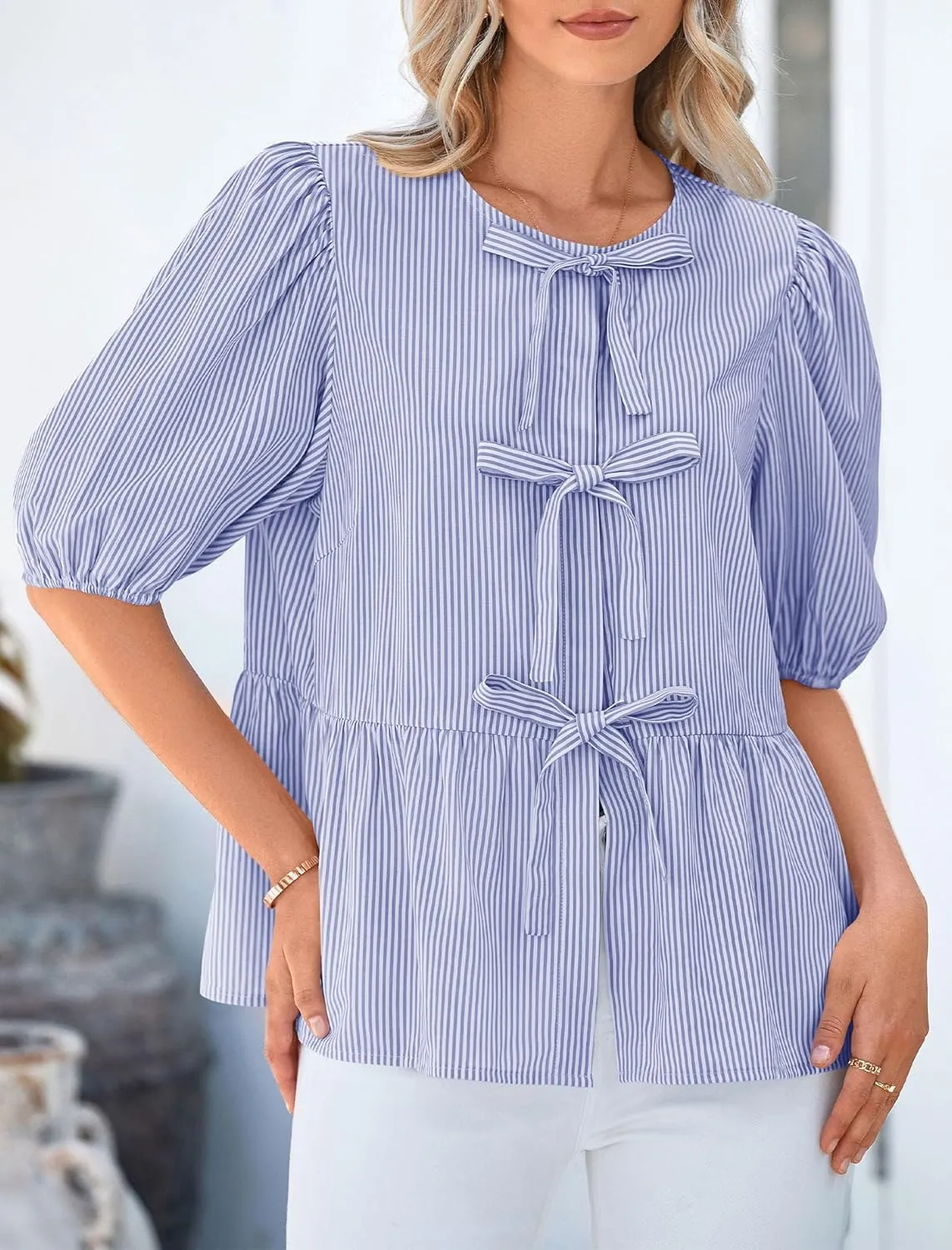 PRETTYGARDEN Women's Summer Tie Front Striped Shirt 2025 Trendy Cute Babydoll Tops Fashion Peplum Puffy Sleeve Blouse
