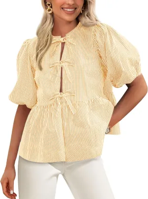 PRETTYGARDEN Women's Summer Tie Front Striped Shirt 2025 Trendy Cute Babydoll Tops Fashion Peplum Puffy Sleeve Blouse