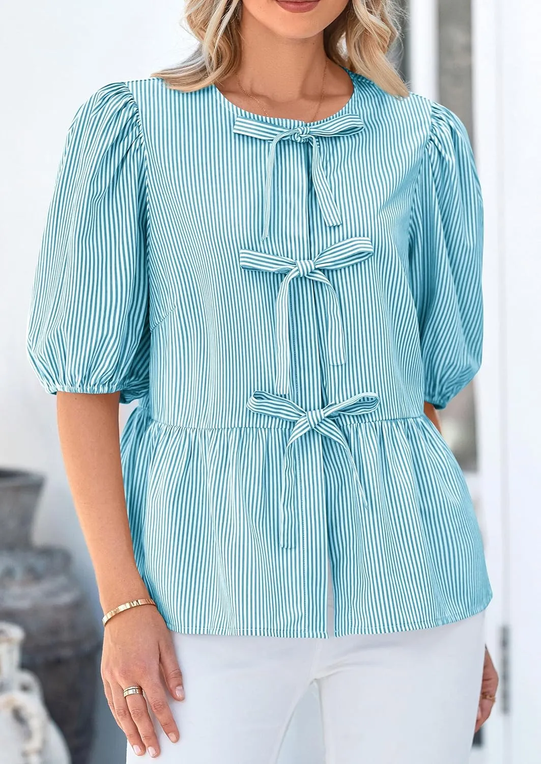 PRETTYGARDEN Women's Summer Tie Front Striped Shirt 2025 Trendy Cute Babydoll Tops Fashion Peplum Puffy Sleeve Blouse