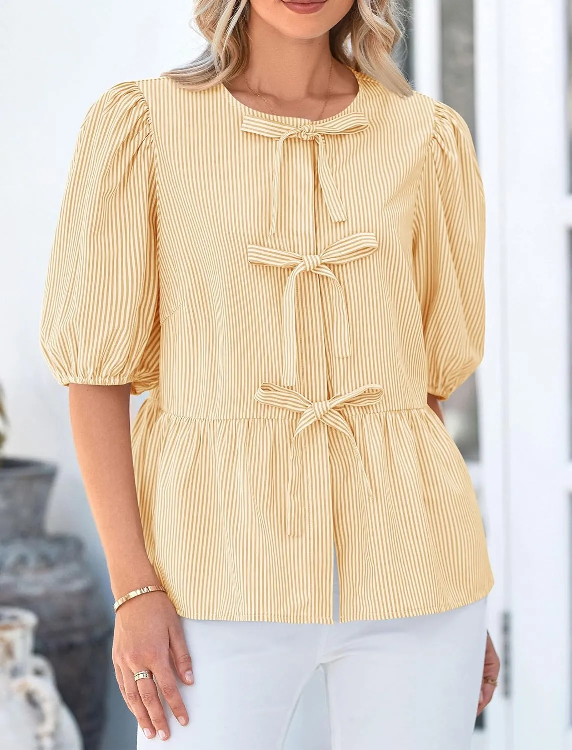 PRETTYGARDEN Women's Summer Tie Front Striped Shirt 2025 Trendy Cute Babydoll Tops Fashion Peplum Puffy Sleeve Blouse