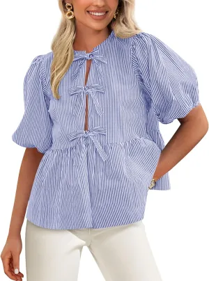 PRETTYGARDEN Women's Summer Tie Front Striped Shirt 2025 Trendy Cute Babydoll Tops Fashion Peplum Puffy Sleeve Blouse