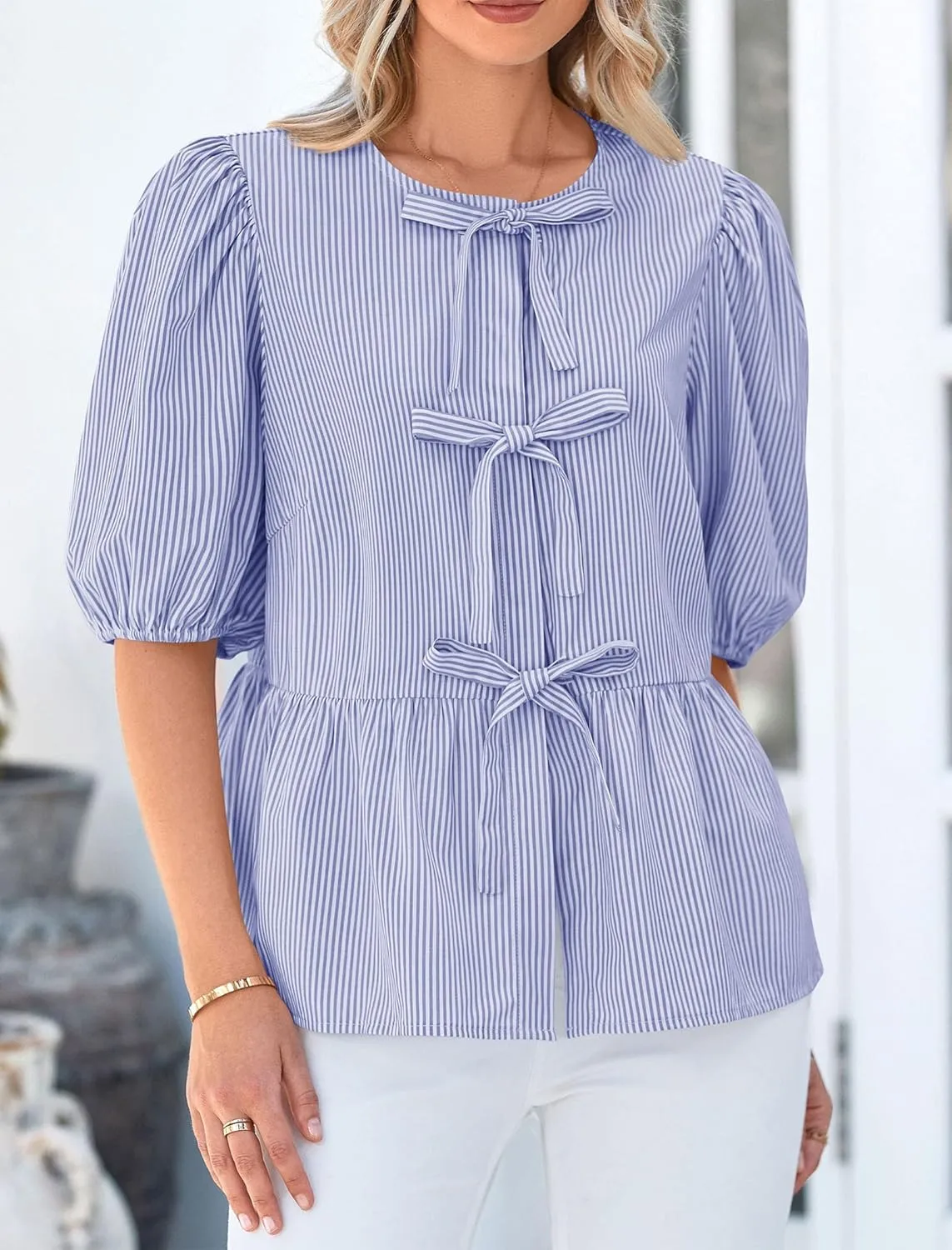 PRETTYGARDEN Women's Summer Tie Front Striped Shirt 2025 Trendy Cute Babydoll Tops Fashion Peplum Puffy Sleeve Blouse