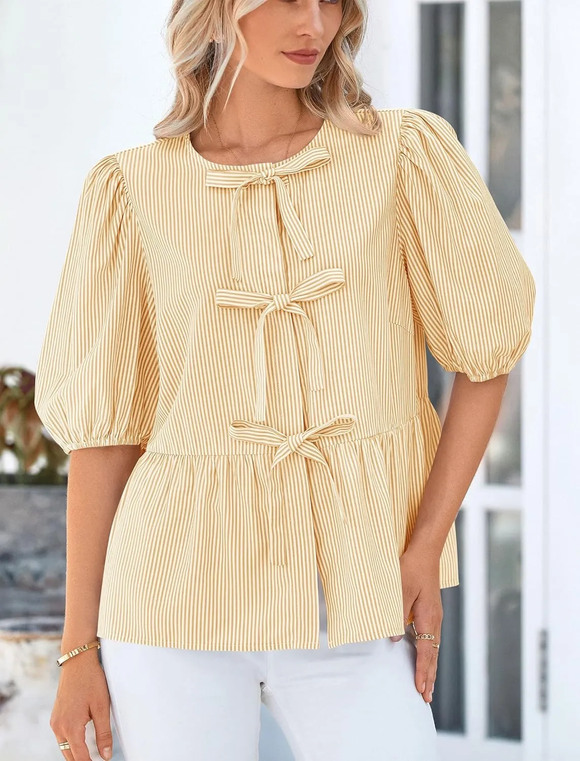 PRETTYGARDEN Women's Summer Tie Front Striped Shirt 2025 Trendy Cute Babydoll Tops Fashion Peplum Puffy Sleeve Blouse