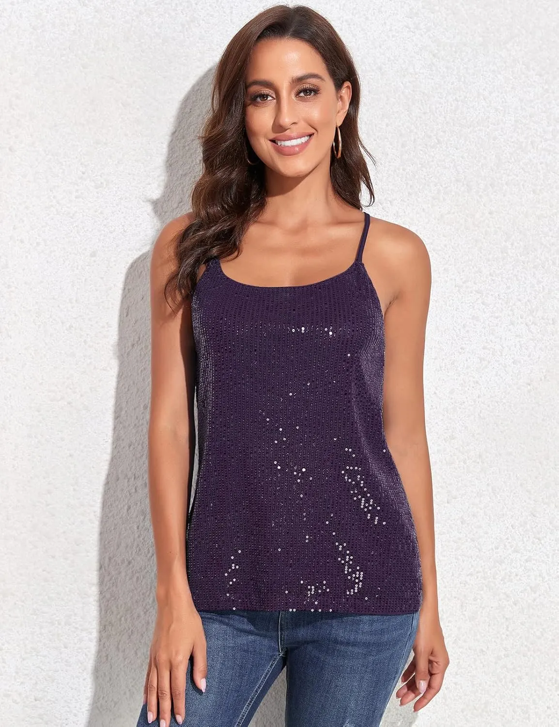 PrettyGuide Women's All Over Sequin Top Shimmer Strappy Camisole Sparkly Tank Tops Party Shirts