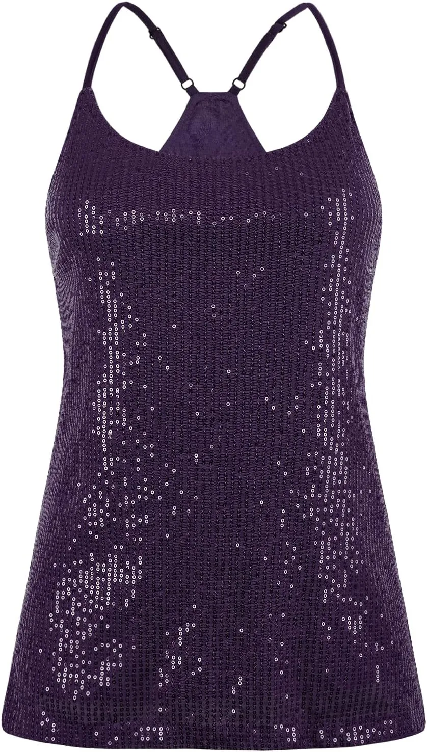 PrettyGuide Women's All Over Sequin Top Shimmer Strappy Camisole Sparkly Tank Tops Party Shirts