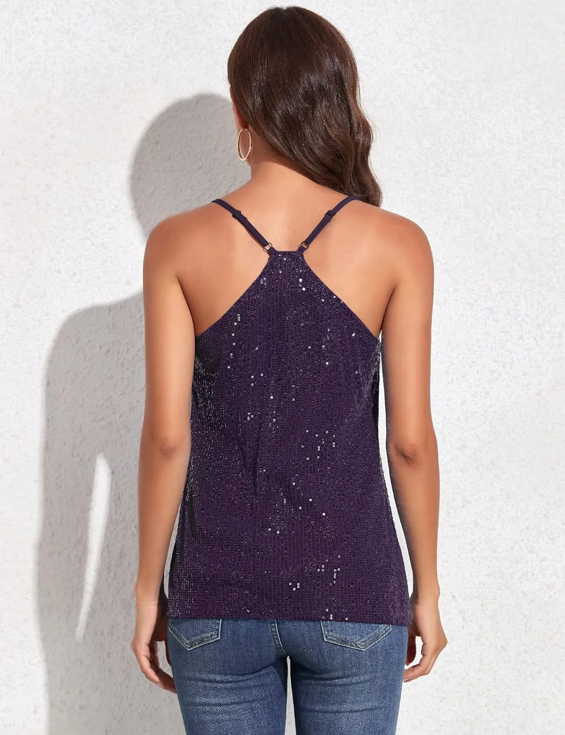 PrettyGuide Women's All Over Sequin Top Shimmer Strappy Camisole Sparkly Tank Tops Party Shirts