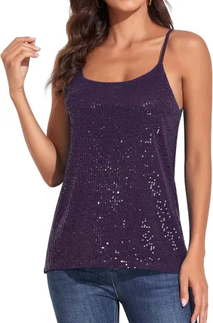 PrettyGuide Women's All Over Sequin Top Shimmer Strappy Camisole Sparkly Tank Tops Party Shirts