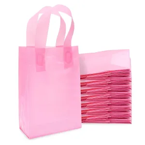 Prime Line Packaging Pink Gift Bags for Goodies, Small Business, Shopping, Frosted Plastic Tote for Girls Birthday, Party Favor, Bulk, 6x3x9 50 Pack