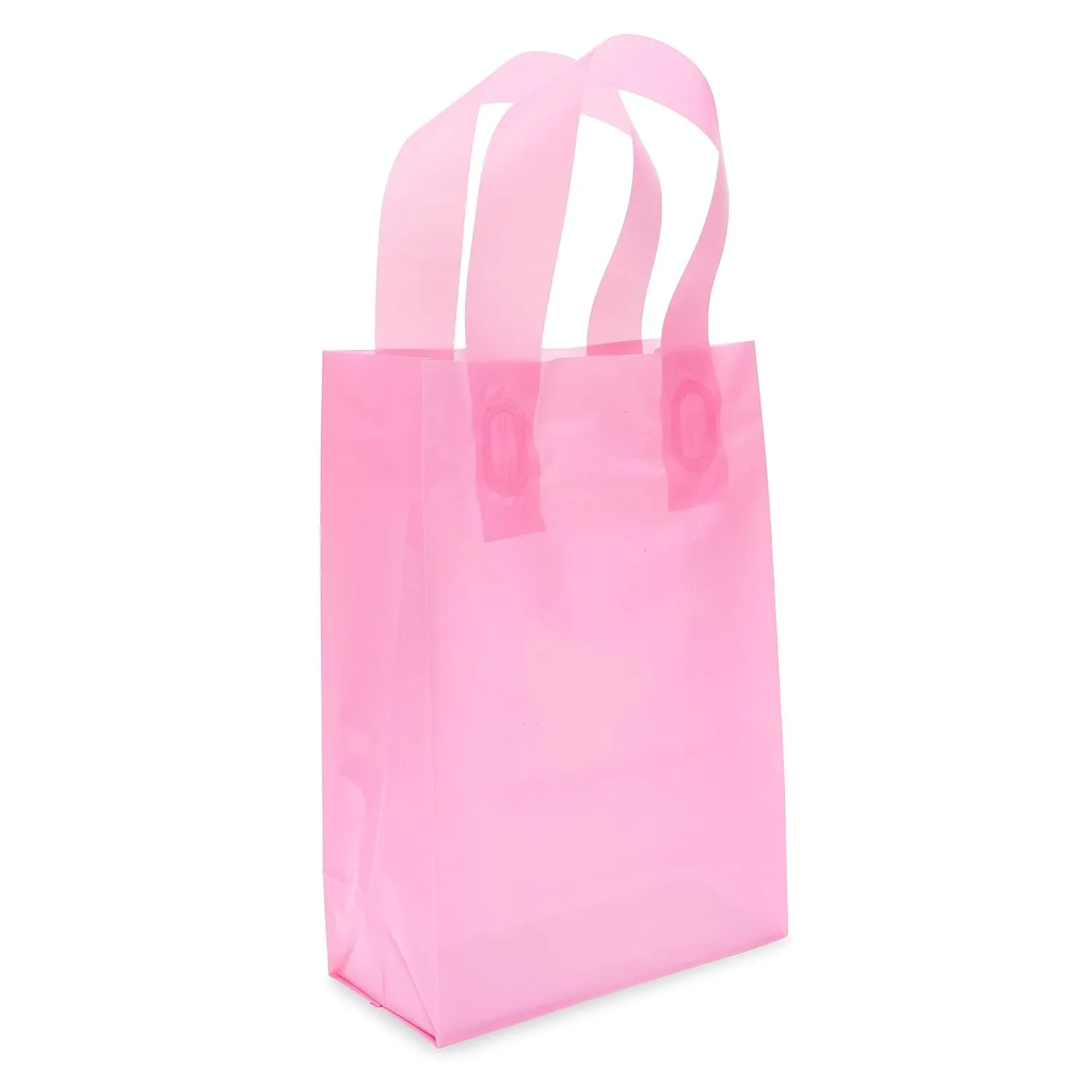Prime Line Packaging Pink Gift Bags for Goodies, Small Business, Shopping, Frosted Plastic Tote for Girls Birthday, Party Favor, Bulk, 6x3x9 50 Pack