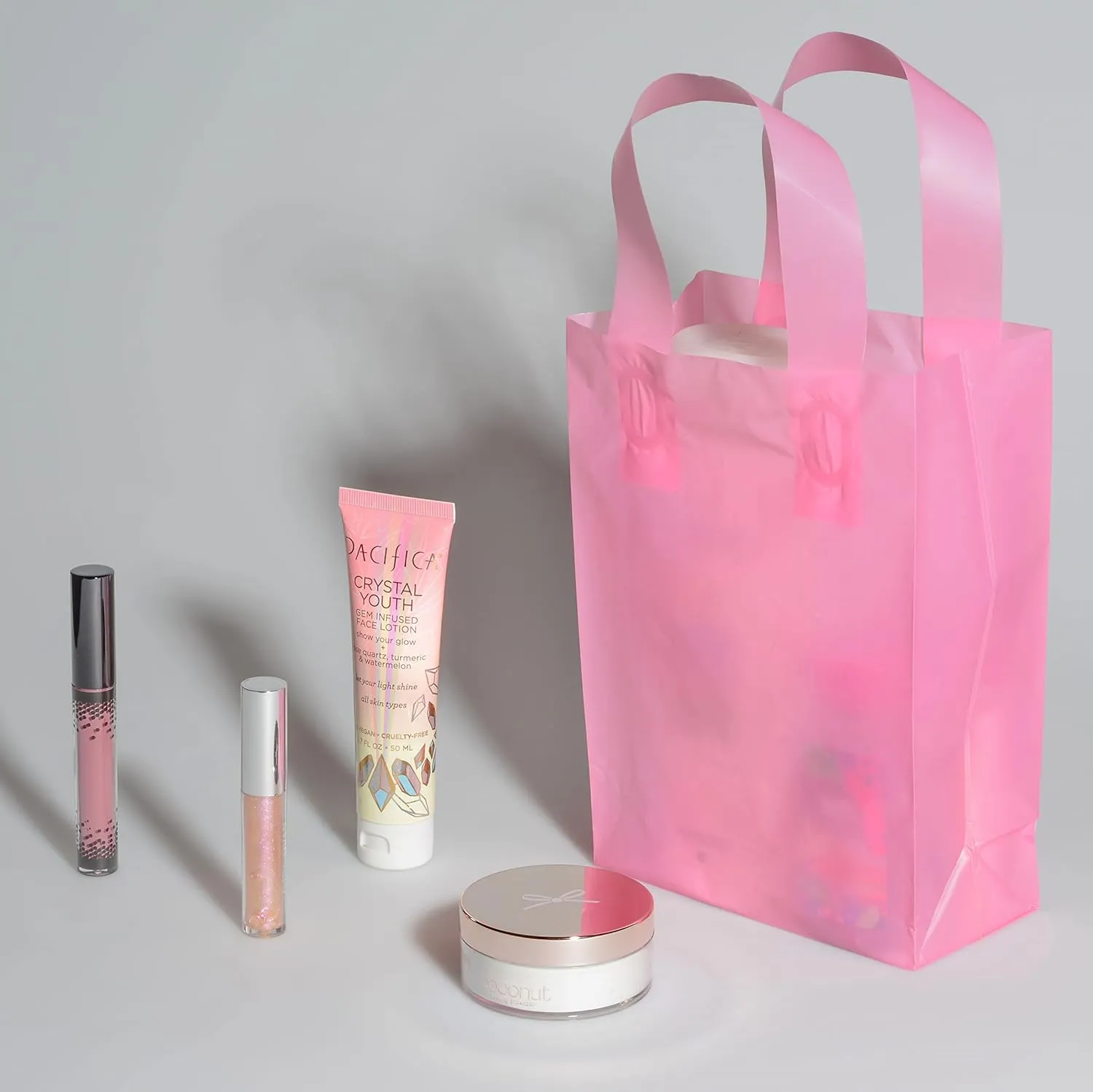 Prime Line Packaging Pink Gift Bags for Goodies, Small Business, Shopping, Frosted Plastic Tote for Girls Birthday, Party Favor, Bulk, 6x3x9 50 Pack