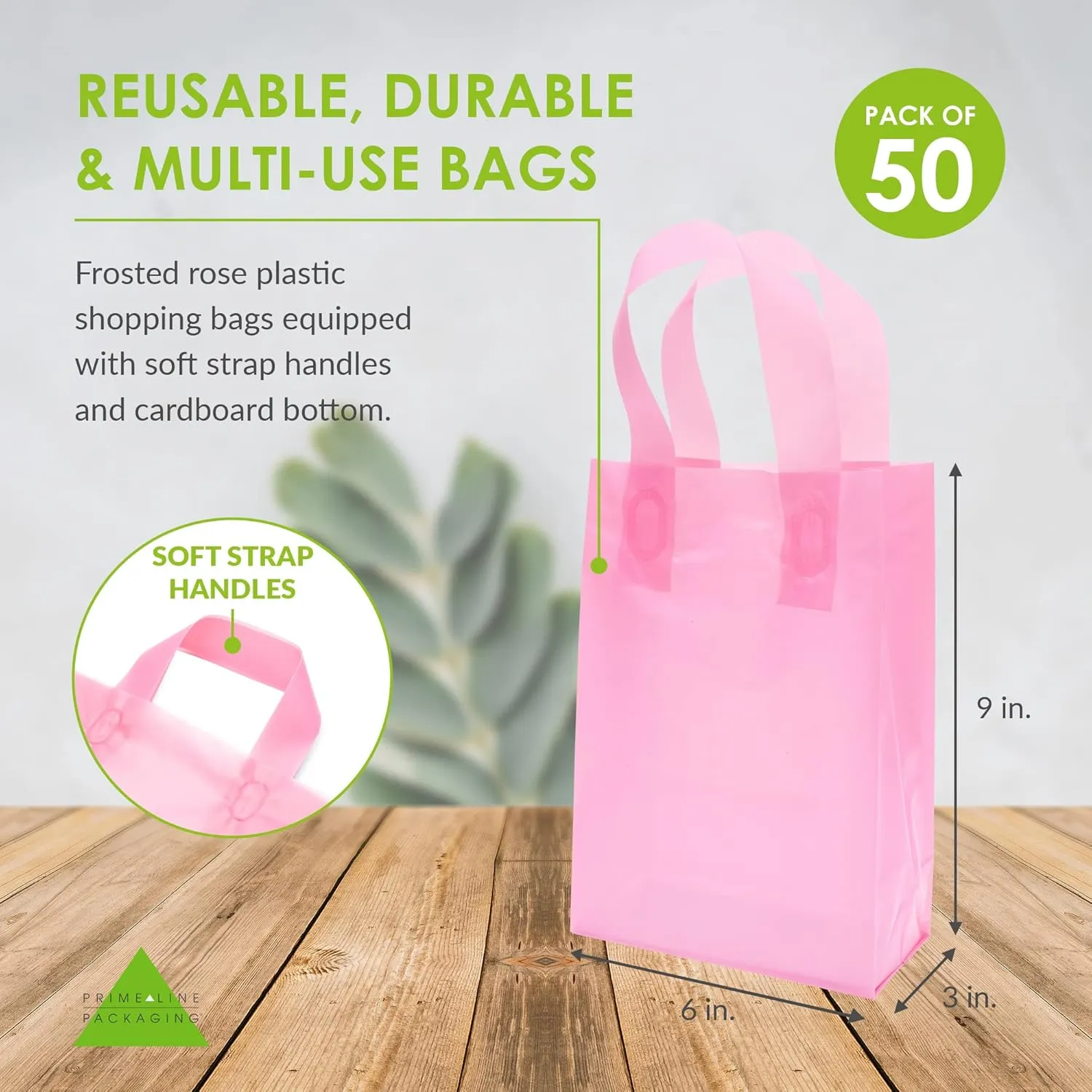 Prime Line Packaging Pink Gift Bags for Goodies, Small Business, Shopping, Frosted Plastic Tote for Girls Birthday, Party Favor, Bulk, 6x3x9 50 Pack
