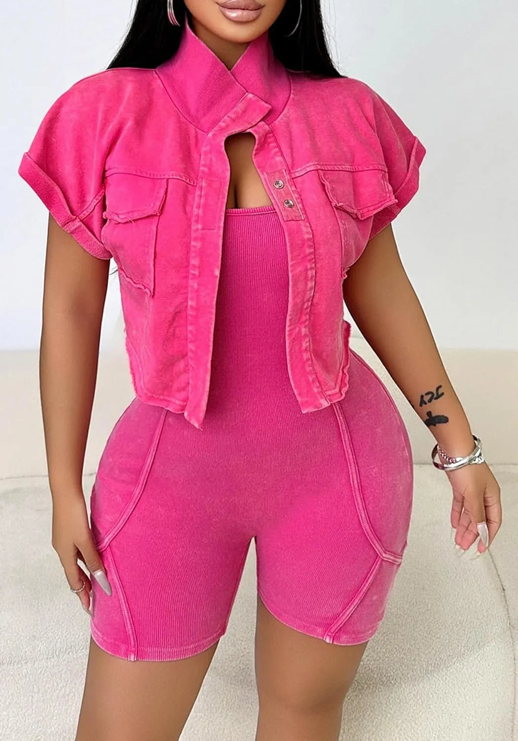 Ptorlio Summer 2 Piece Sets for Women Romper Sexy Short Sleeve Denim Jacket Bodycon Curvy Jogger Outfits