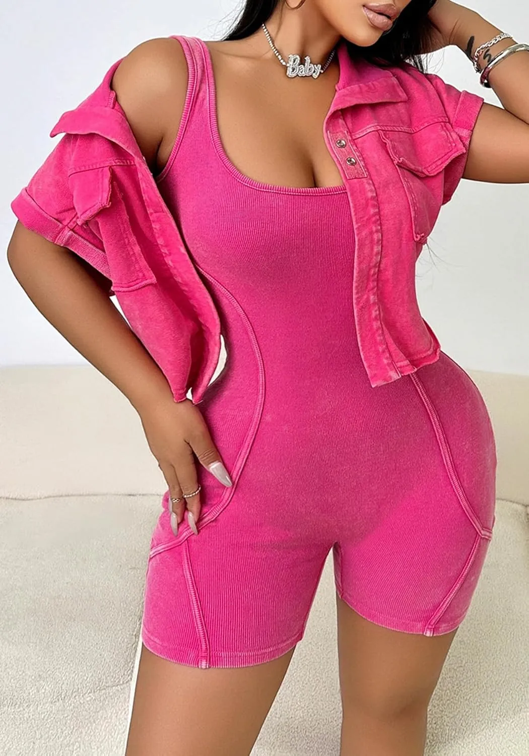 Ptorlio Summer 2 Piece Sets for Women Romper Sexy Short Sleeve Denim Jacket Bodycon Curvy Jogger Outfits