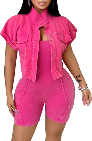 Ptorlio Summer 2 Piece Sets for Women Romper Sexy Short Sleeve Denim Jacket Bodycon Curvy Jogger Outfits
