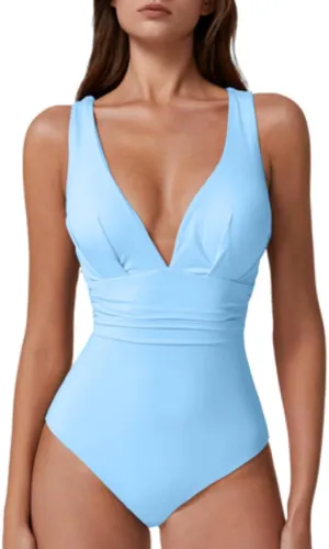 QINSEN Womens Sexy V Neck One Piece Bathing Suit Cross Back Swimsuit High Waist Monokini