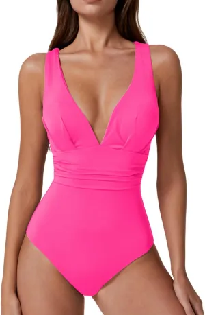 QINSEN Womens Sexy V Neck One Piece Bathing Suit Cross Back Swimsuit High Waist Monokini