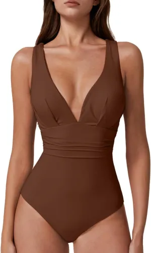 QINSEN Womens Sexy V Neck One Piece Bathing Suit Cross Back Swimsuit High Waist Monokini