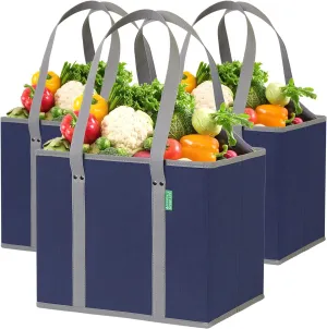 Reusable Grocery Bags (3 Pack)  Heavy Duty Reusable Shopping Bags with Box Shape to Stand Up, Stay Open, Fold Flat  Large Tote Bags are Foldable with Long Handles & Hard Bottom (Navy Blue)