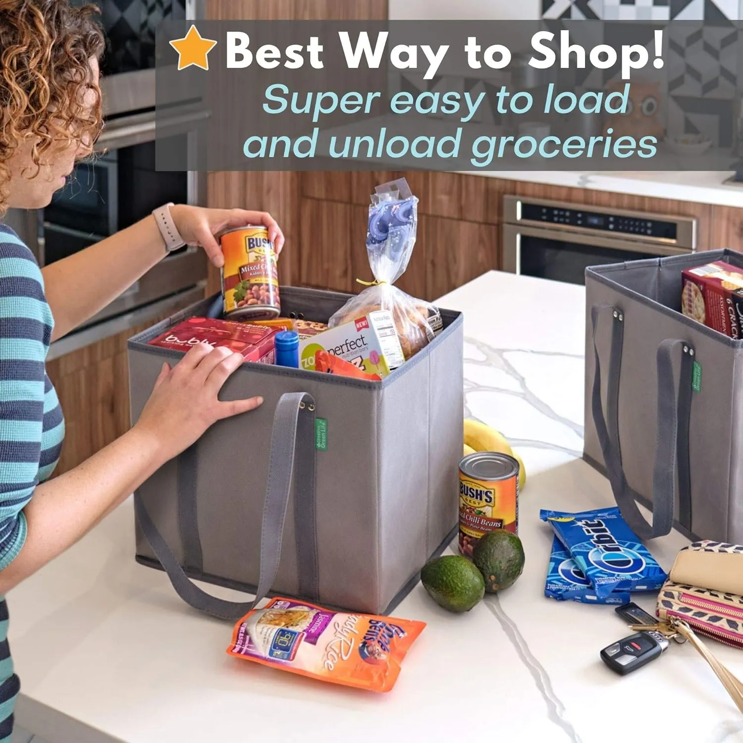 Reusable Grocery Bags (3 Pack)  Heavy Duty Reusable Shopping Bags with Box Shape to Stand Up, Stay Open, Fold Flat  Large Tote Bags are Foldable with Long Handles & Hard Bottom (Navy Blue)