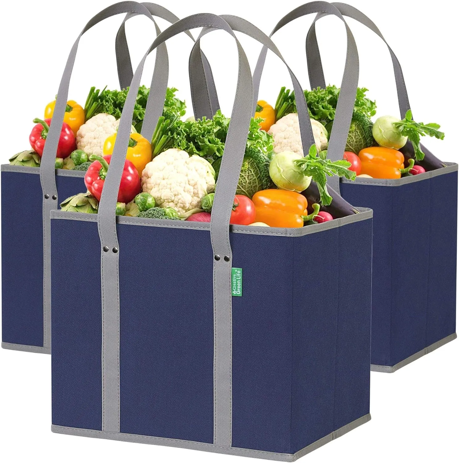 Reusable Grocery Bags (3 Pack)  Heavy Duty Reusable Shopping Bags with Box Shape to Stand Up, Stay Open, Fold Flat  Large Tote Bags are Foldable with Long Handles & Hard Bottom (Navy Blue)