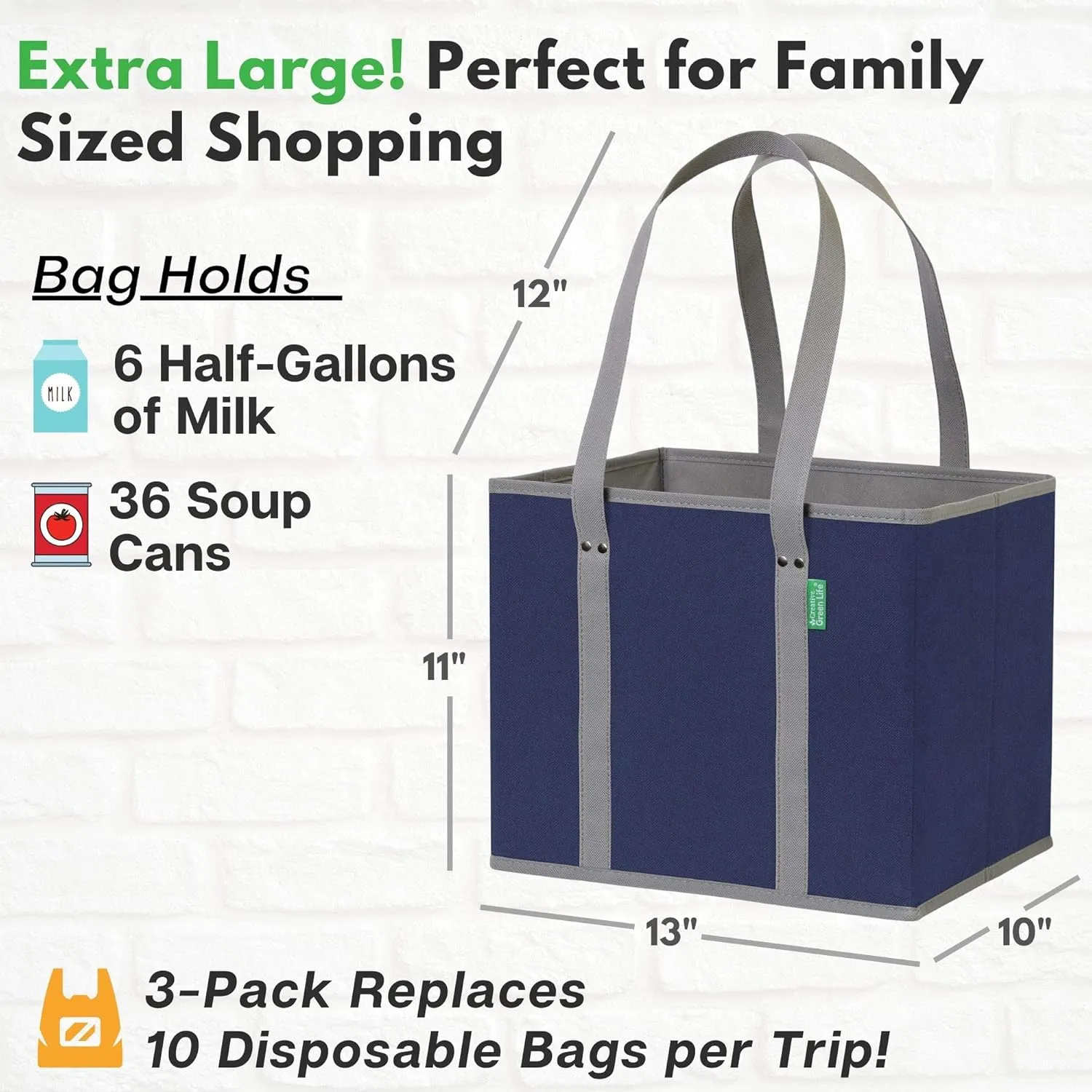 Reusable Grocery Bags (3 Pack)  Heavy Duty Reusable Shopping Bags with Box Shape to Stand Up, Stay Open, Fold Flat  Large Tote Bags are Foldable with Long Handles & Hard Bottom (Navy Blue)