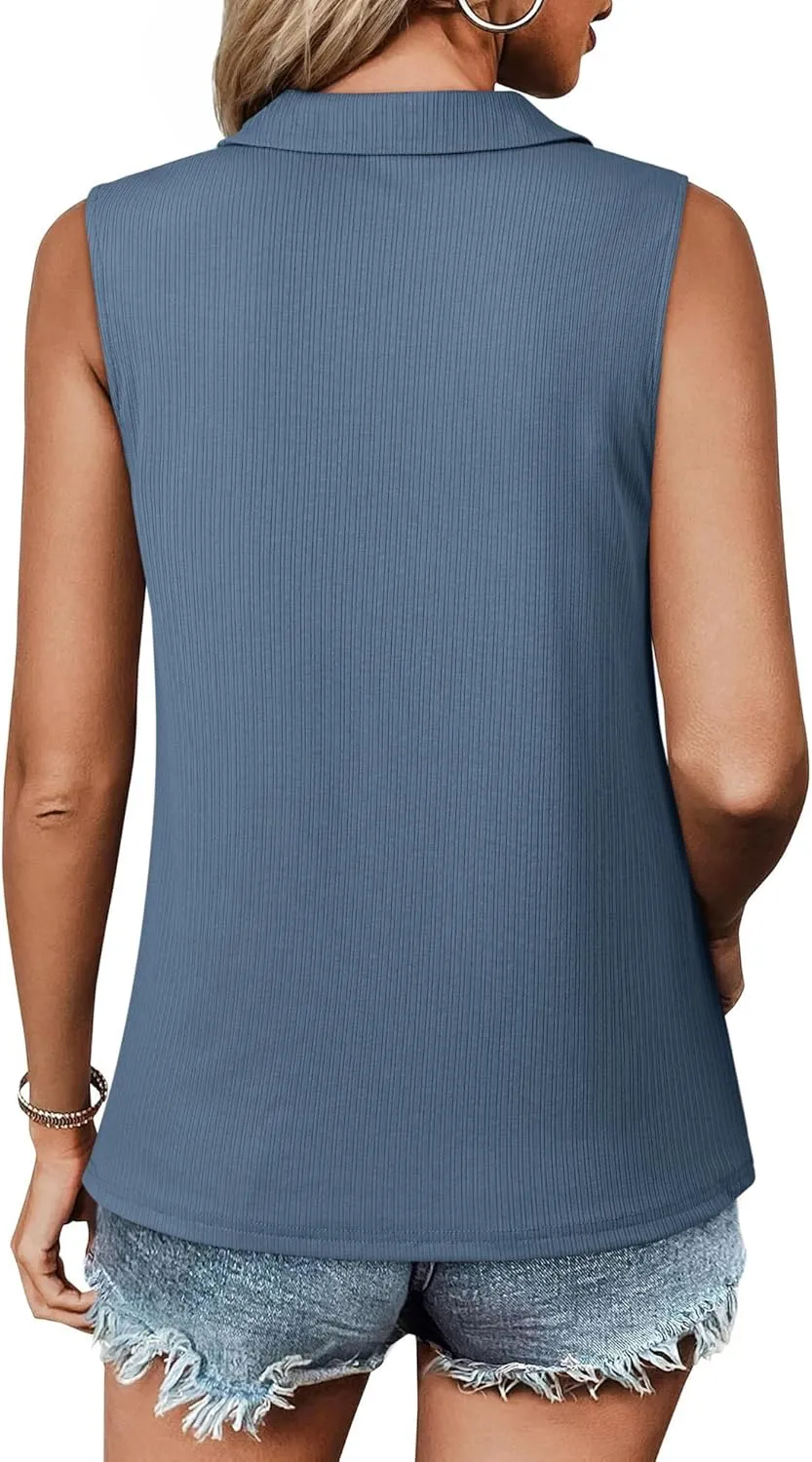 Ribbed Tank Tops for Women Zipper V Neck Dressy Casual Blouses Sleeveless Camisole Top Business Work Polo Shirts