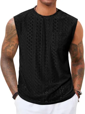 Runcati Mens Sleeveless Tank Tops Casual Hollow Out Knit T Shirts Beach Summer Hippie Tops with Pocket