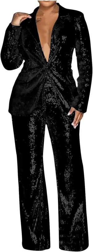 Sequins Blazer Sets for Women 2 Piece Set Slim Fit Long Sleeve Open Front Pant Suits Sparkly Disco Party Outfits