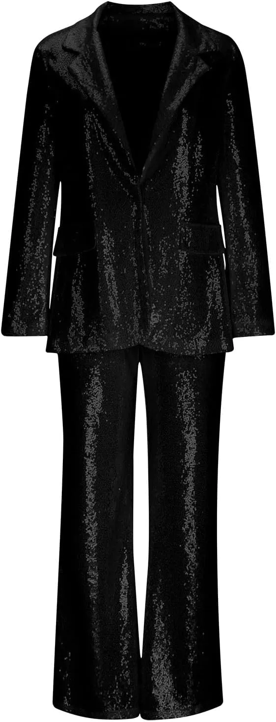 Sequins Blazer Sets for Women 2 Piece Set Slim Fit Long Sleeve Open Front Pant Suits Sparkly Disco Party Outfits
