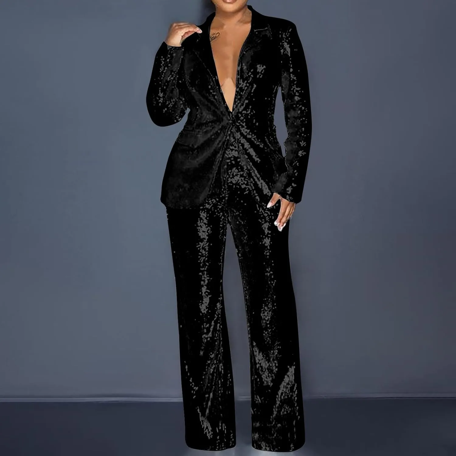 Sequins Blazer Sets for Women 2 Piece Set Slim Fit Long Sleeve Open Front Pant Suits Sparkly Disco Party Outfits