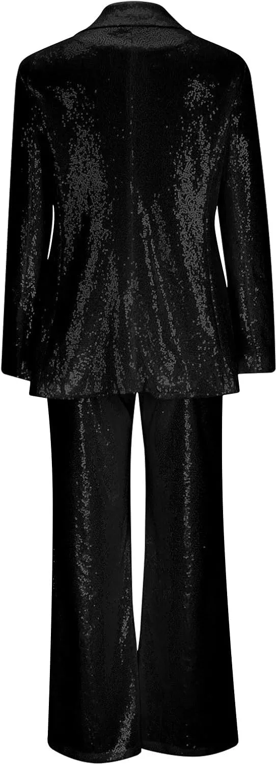 Sequins Blazer Sets for Women 2 Piece Set Slim Fit Long Sleeve Open Front Pant Suits Sparkly Disco Party Outfits
