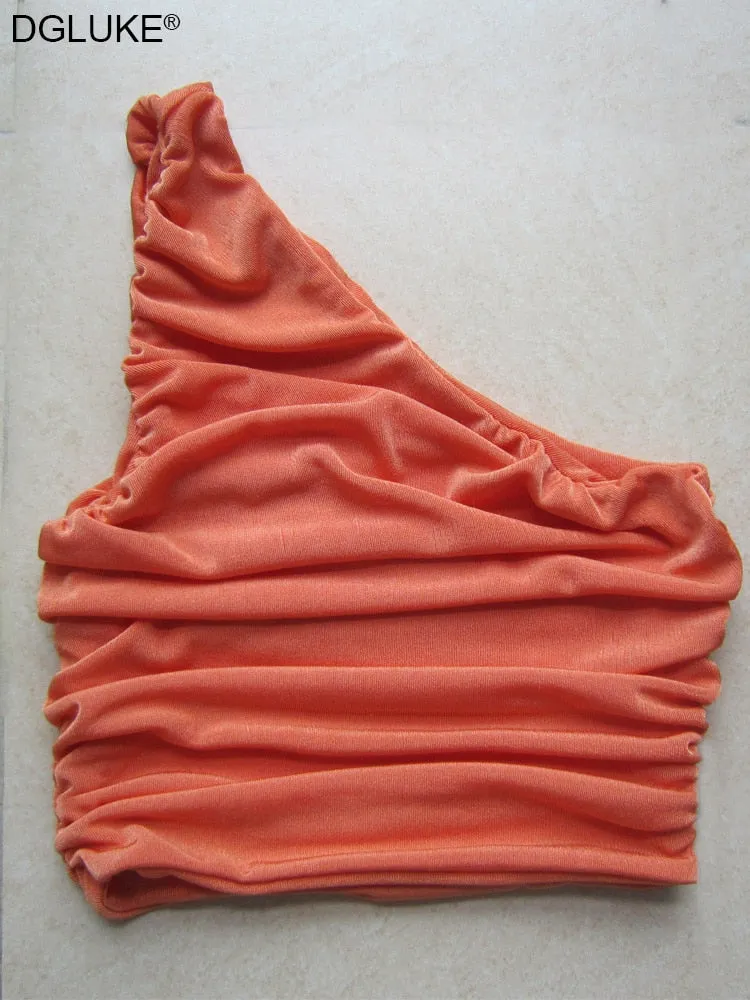 Sexy One Shoulder Crop Top Ruched Short Tank Top Women Summer Top Y2K Sleeveless Shirts Camisole White Black Green Orange