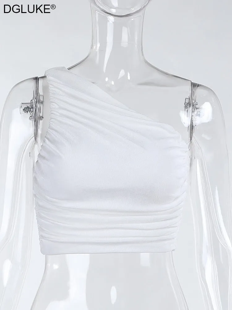 Sexy One Shoulder Crop Top Ruched Short Tank Top Women Summer Top Y2K Sleeveless Shirts Camisole White Black Green Orange
