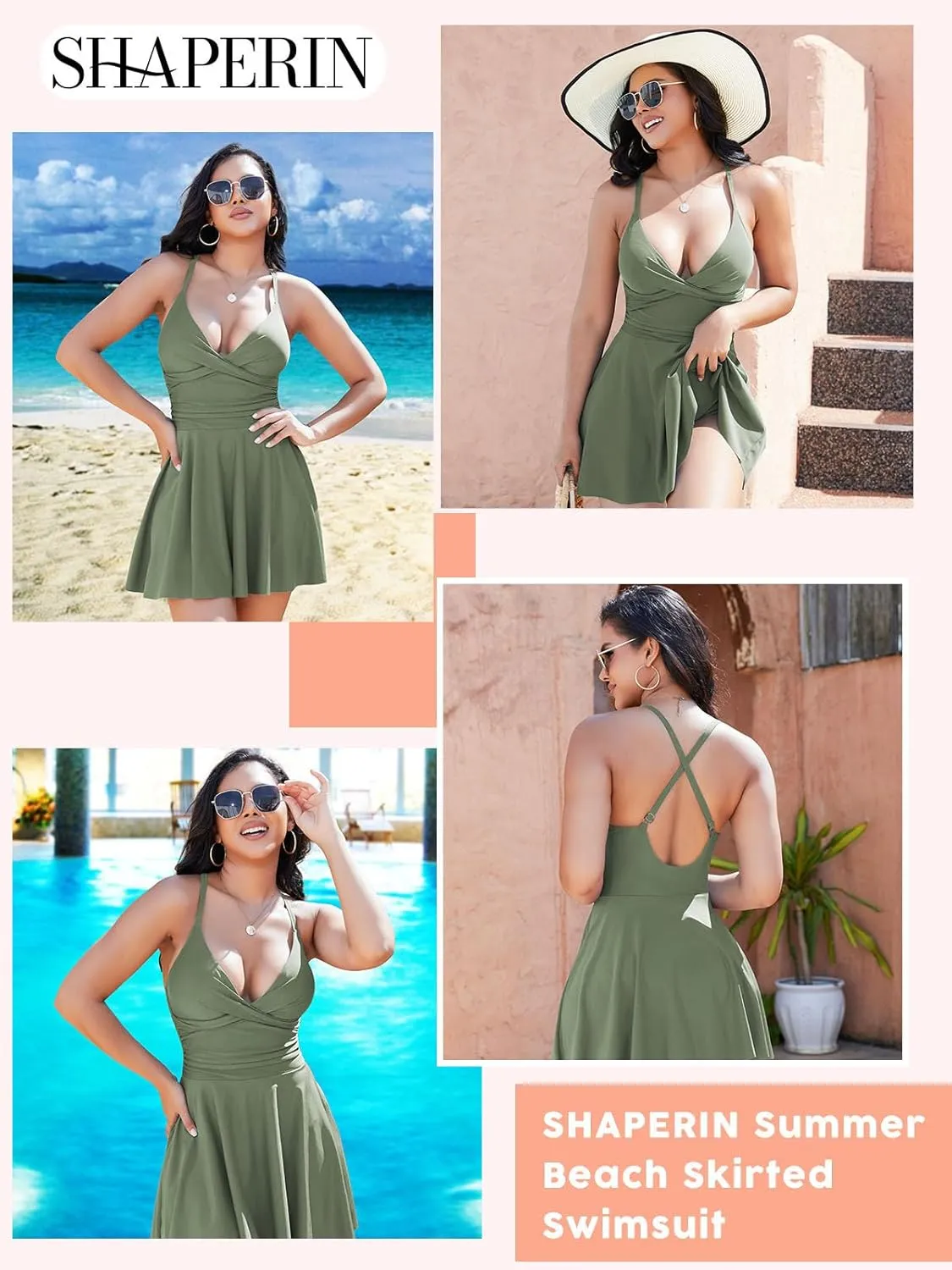 SHAPERIN Women One Piece Skirted Swimsuit Tummy Control Bathing Suits Swimdress Swim Dress Monokini Swimwear