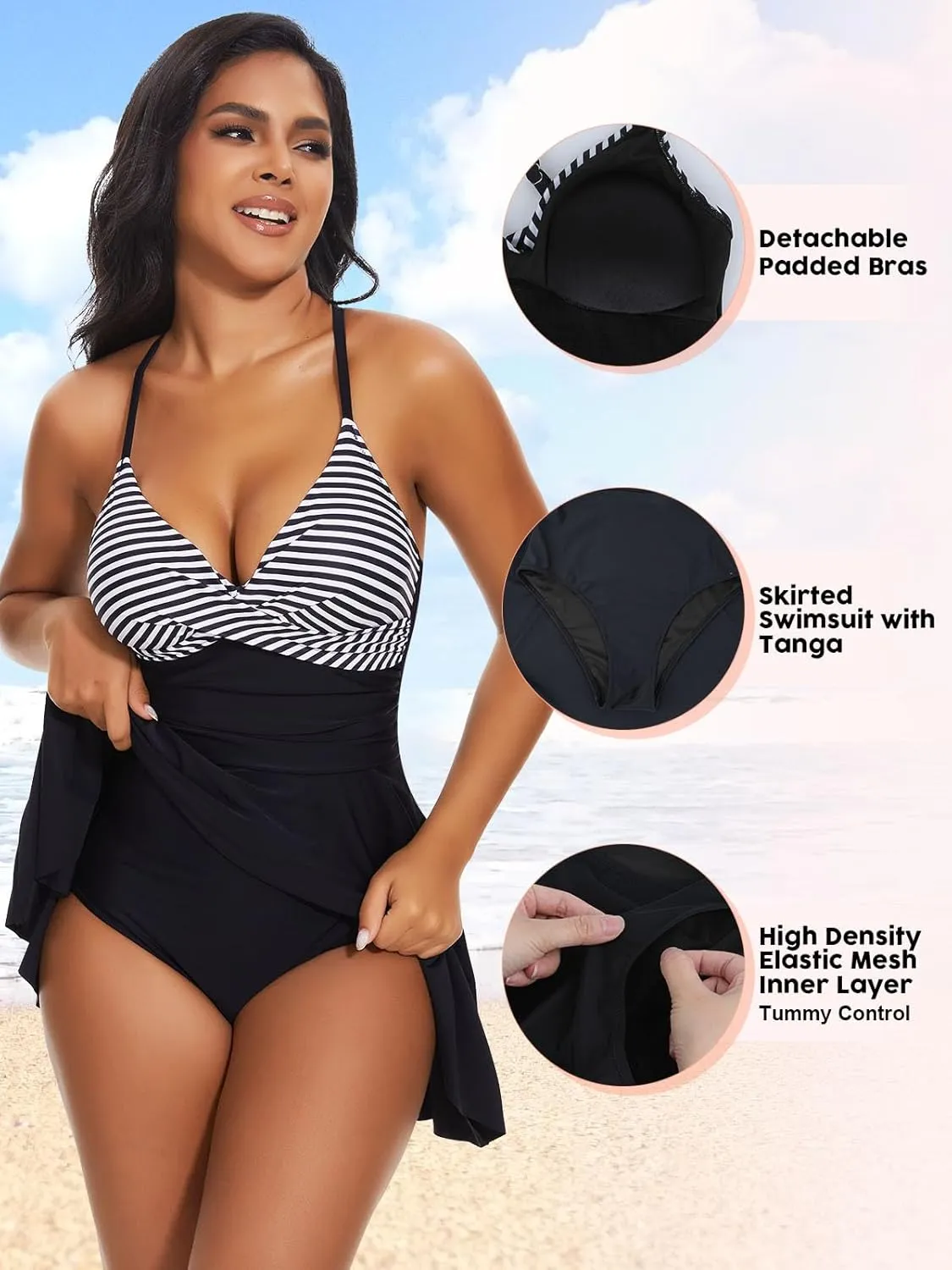 SHAPERIN Women One Piece Skirted Swimsuit Tummy Control Bathing Suits Swimdress Swim Dress Monokini Swimwear