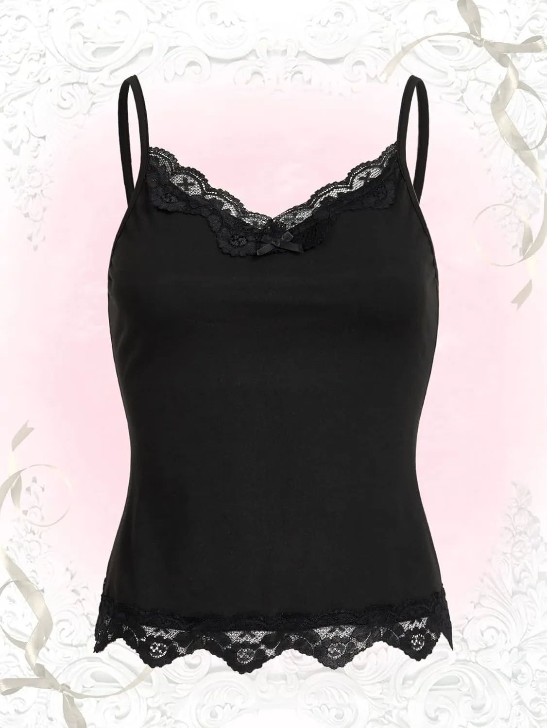 SHENHE Women's Y2K Lace Tank Tops Summer Coquette Bow Sleeveless Spaghetti Strap Lounge Cute Cami Crop Tops