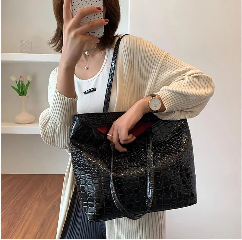 Shiny Tote Bags for Women Patent Faux Leather Handbags Large Purse Satchel Bag Hobo Handbag Shoulder Bag Minimalist
